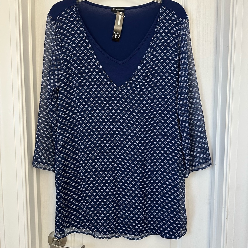 New Directions Navy Patterned Blouse